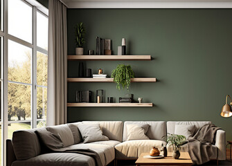 A modern living room a green feature wall. Comfortable room. Stylish decoration. Empty wall. Minimalism.