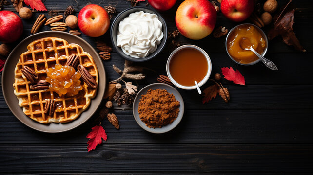 Top view image of table with food, autumn fall style pies and waffles