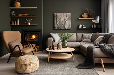 An elegant living room with dark grey walls and beige furniture tones