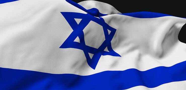 Israel's flag is fluctuating, the background is dark. (3D image)