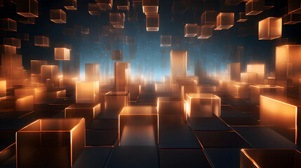 Abstract background of glowing amber cuboids. Neural network generated image. Not based on any actual scene or pattern.