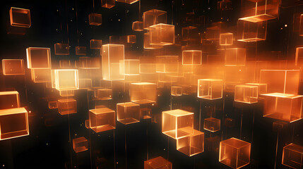Abstract background of glowing amber cuboids. Neural network generated image. Not based on any actual scene or pattern.