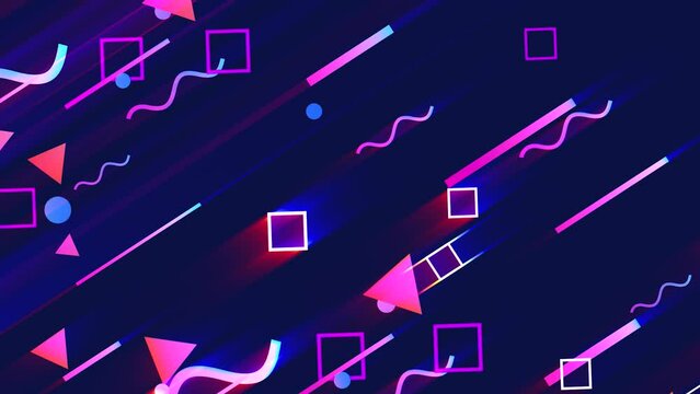 Abstract 2D background of neon colorful figures. Motion design of geometric shapes in purple color flying in motion in loop animation. Dynamic glow gradient triangle, dot, stripes, rectangle