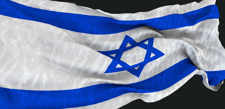 Israel's flag is fluctuating, the background is dark. (3D image)