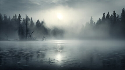 A thick, white fog slowly rolling across a serene lake
