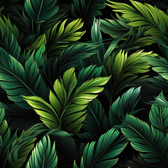 Seamless tropical texture pattern with green palm leaves on a black background