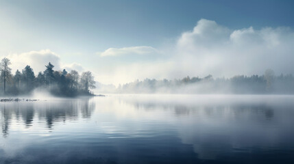 A thick fog rolling in over a still lake in the early morning