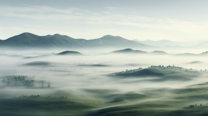 Obraz premium A thick fog blankets a misty valley, the grassy hills obscured by the eerie haze