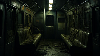 Fototapeta premium Terrifying shot of abandoned subway car, dirt, water, fresh mold. 