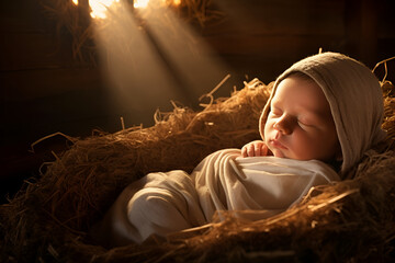 Baby Jesus is lying in the manger on the hay, Nativity of Jesus - obrazy, fototapety, plakaty
