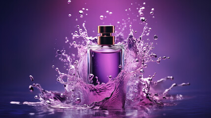 Glass perfume bottle on sulfur background, with splashes of purple water, glitter and shimmer. 



























































































