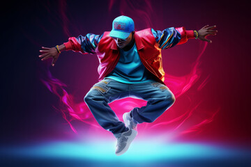 A young emotional guy is a dancer dancing breakdance, hip-hop in action, movement, jumping in neon...
