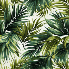 Seamless tropical texture pattern with green palm leaves on a white background. Hawaiian ornament for textiles