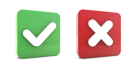 Right and wrong buttons 3d isolated on transparent background. Yes and no 3d icon. rectangle shape icons buttons with check and cross mark.
