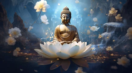 Poster glowing golden buddha sitting on a big lotus, decorated with flowers © Kien