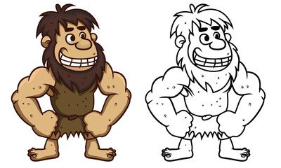 Caveman cartoon vector illustration , primitive humans , prehistoric muscular man mascot character colored and black and white line art vector image