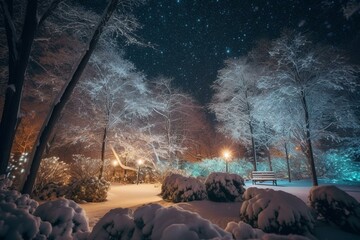 festive nighttime scene with snow and trees. Generative AI