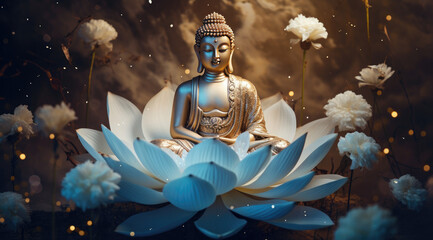 glowing golden buddha sitting on a big lotus, decorated with flowers - obrazy, fototapety, plakaty