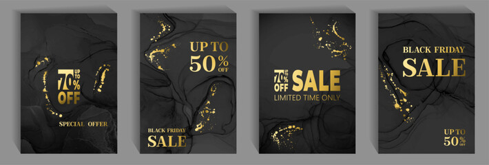 Marketing banners for Black Friday  sale vector collection. Advertising banners with fluid backgrounds, gold drop blots. Sale banners, 50 and 70% off special offer adverts design. Best price discounts