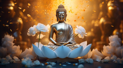 glowing golden buddha sitting on a big lotus, decorated with flowers