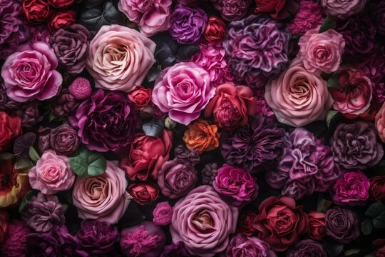 Vibrant Valentine's backdrop adorned with a variety of flowers. A floral pattern showcasing purple and pink roses. Generative AI
