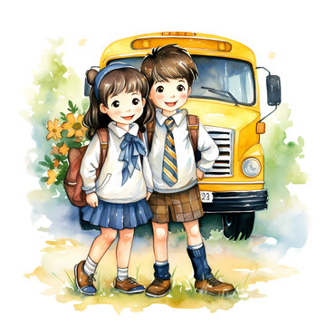 Watercolor Cute Children School Bus Clipart Illustration  