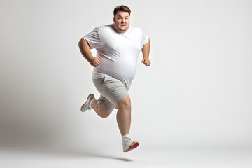 Overweight young adult Caucasian man running on white background, concept of overweight and weight loss. Neural network generated image. Not based on any actual person or scene.