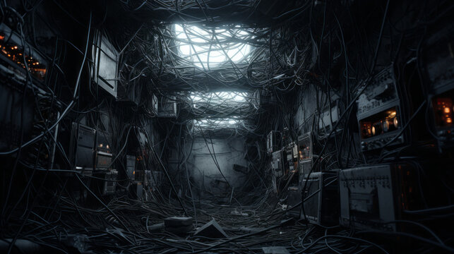 A tangled web of wires runs along the wall, connecting a variety of electronic components - Powered by Adobe