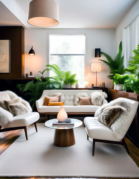 Modern living room with white leather furniture. Soft furry pillow with earth tone colors. Ferns line the white walls. Soft warm lighting behind cough with classic lamp shades and white linen carpet. 