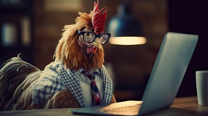 Intelligent Rooster at Work Using Laptop with Glasses - Quirky Animal Desk Scene Photo