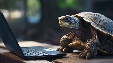 Majestic Tortoise Coexisting with Technology: Laptop Companion in Serene Setting