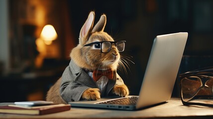 Smart and Dapper Bunny with Eyeglasses and Laptop Working at Desk