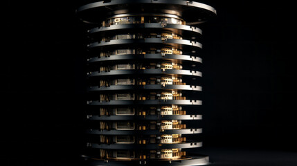 A tall tower of hard drives stands in the corner, their spinning disks emitting a low hum