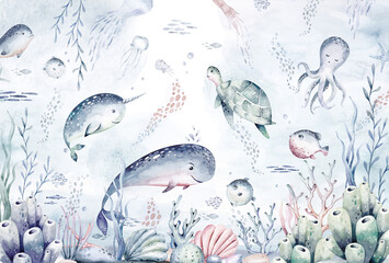 Set of sea animals. Blue watercolor ocean fish, turtle, whale and coral. Shell aquarium background. Nautical dolphin marine illustration, jellyfish, starfish - 669543420