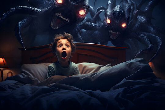 Scared Caucasian boy screaming in bed while sleeping in at night in the house because of monster. Neural network generated image. Not based on any actual person or scene.