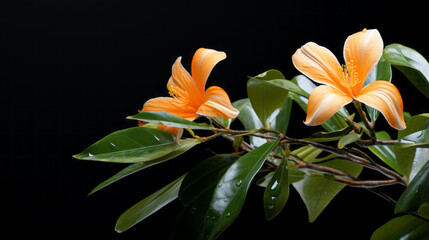 A tall, thin-leafed tropical plant with a single orange blossom