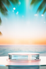 Empty round glass podium for presentation on sunset tropical spa resort background. Scene stage showcase for beauty and spa products, cosmetics, promotion sale or advertising. Vertical format