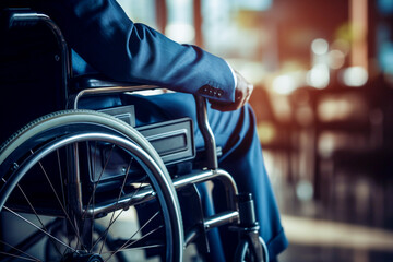 A man in a business suit moves in a wheelchair around the office building