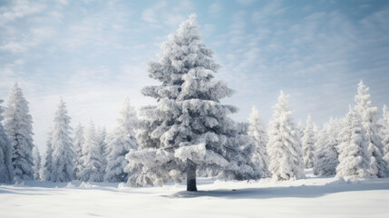 A tall, snow-covered pine tree standing in a winter wonderland