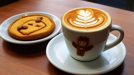 A cup of coffee latte art with cookie on wooden table. Coffee concept with a copy space.