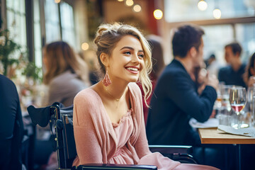 A cute young woman in a delicate pink dress is sitting in a wheelchair against the background of a beautiful modern cafe