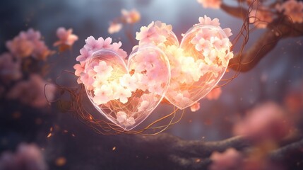 Charming hearts woven from flowers and branches merge in enchanting natural background with soft gentle light symbolizes unity and love between two souls bond that grows like nature - obrazy, fototapety, plakaty