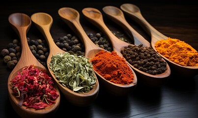 Variety of multicolored spices. - obrazy, fototapety, plakaty