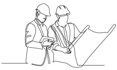 continuous line drawing of civil engineer building Construction. civil engineer giving instruction to builders on Building architecture business concepts.