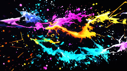 わずかに発光している虹色のインクのしぶき、スプラッシュ、絵の具、飛び散る、黒背景