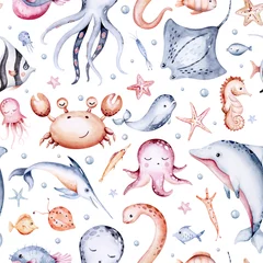 Papier Peint photo Vie marine seamless pattern of sea cartoon animals. Blue watercolor ocean fish, turtle, whale and coral. Shell aquarium dolphin, crab octopus Nautical marine illustration, jellyfish, starfish