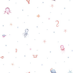 seamless pattern of sea cartoon animals. Blue watercolor ocean fish, turtle, whale and coral. Shell aquarium dolphin, crab octopus Nautical marine illustration, jellyfish, starfish