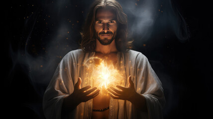 Fototapeta na wymiar Jesus is holding his glowing heart
