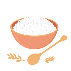 Rice bowl with gold spoon and rice plant icon sign isolated on white background vector illustration.