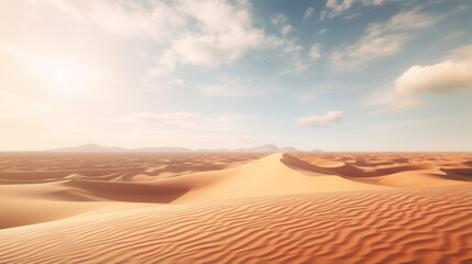 A sun-drenched desert, with sand dunes stretching to the horizon